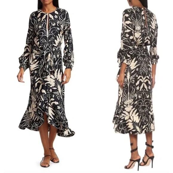 Johanna Ortiz Dresses & Skirts - Johanna Ortiz Floral Ruffle Trim Long Sleeve Jacquard Midi Dress In Ecru Black 6